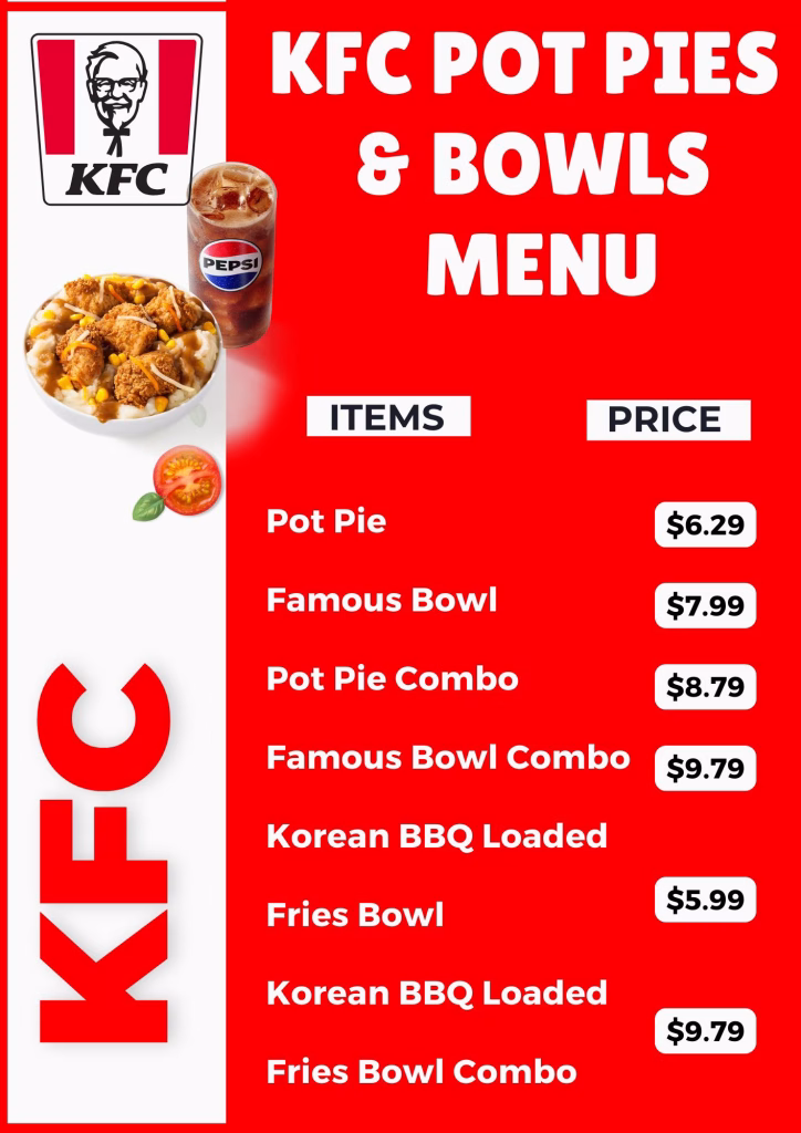 KFC Pot Pies & Bowls Menu