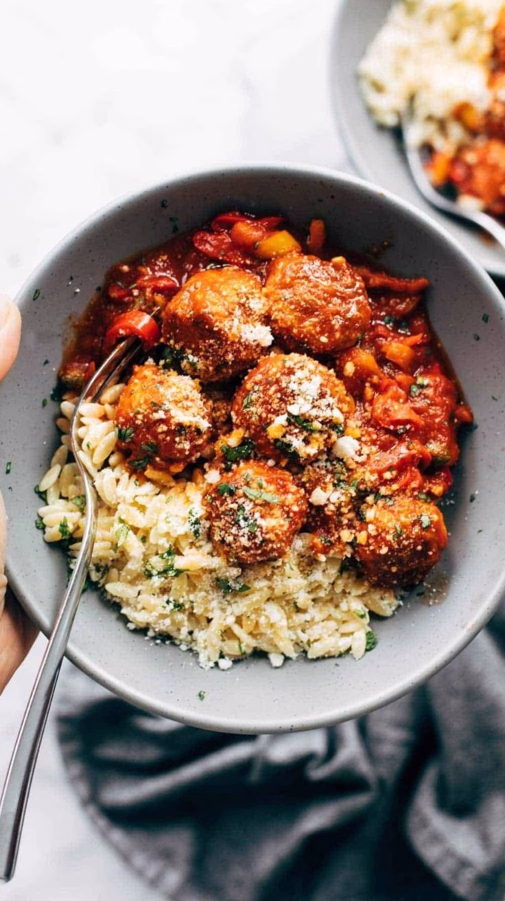 Chicken Meatballs with Orzo and Peppers