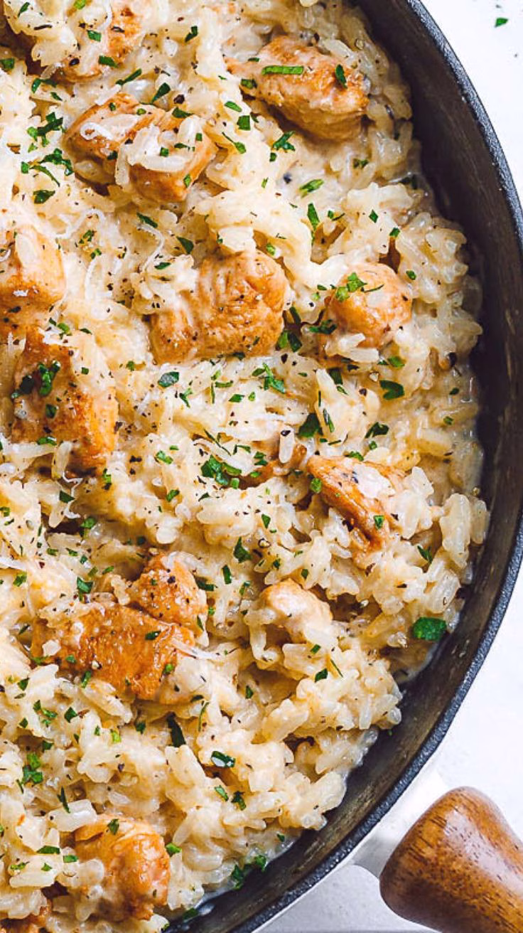 One Pan Creamy Parmesan Chicken and Rice Recipe