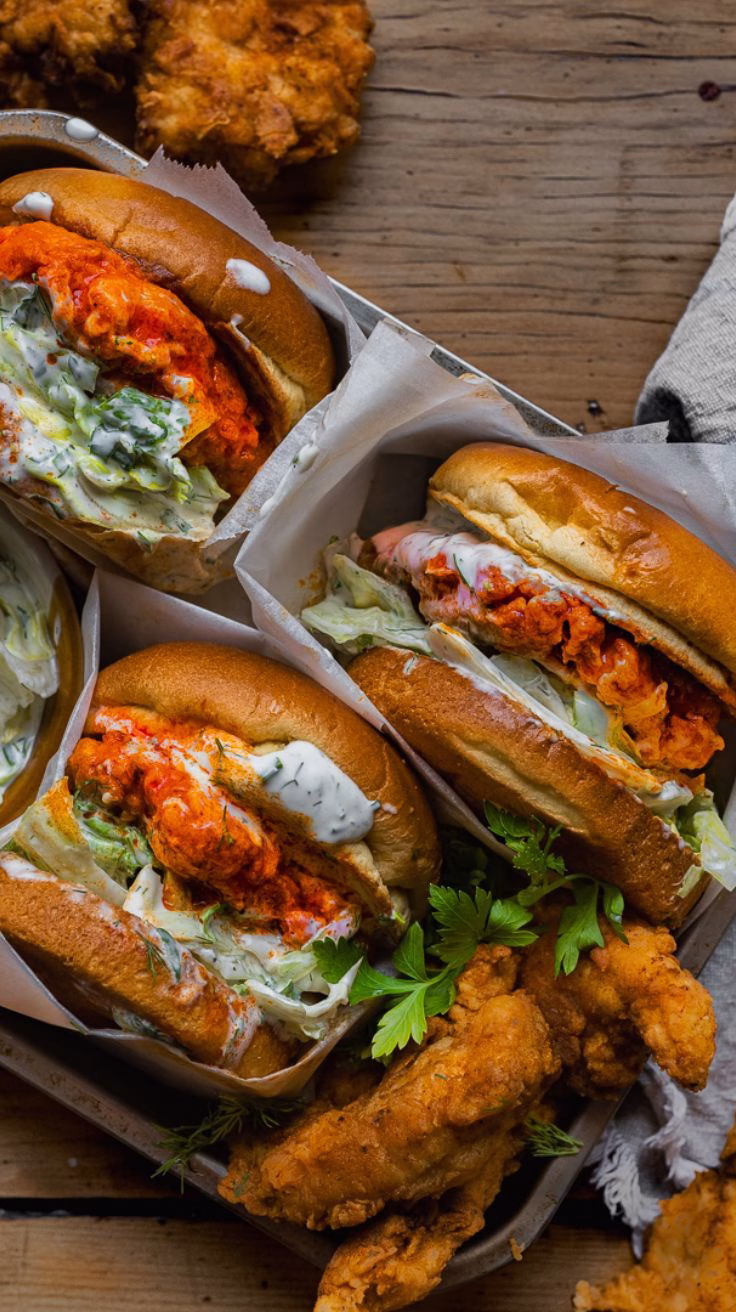 Crispy Buffalo Chicken Burgers with Ranch Slaw Recipe