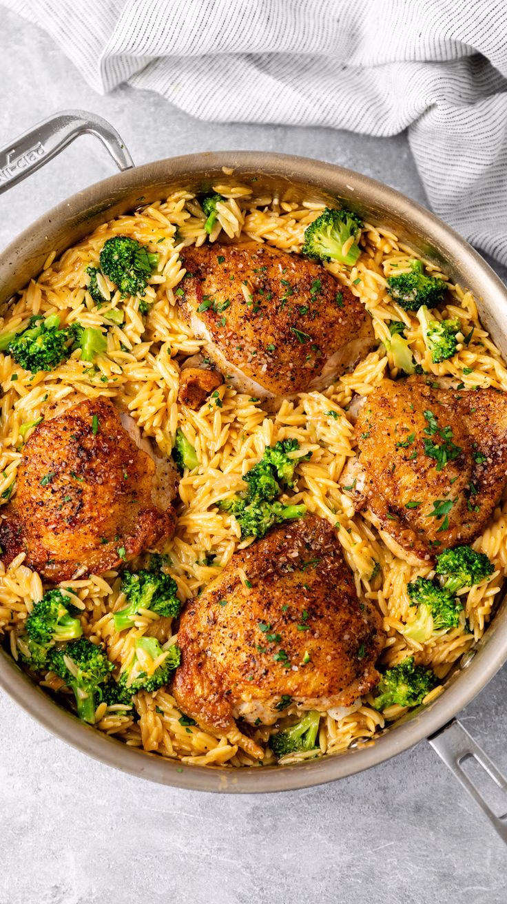 skillet chicken thighs with broccoli cheddar orzo recipe