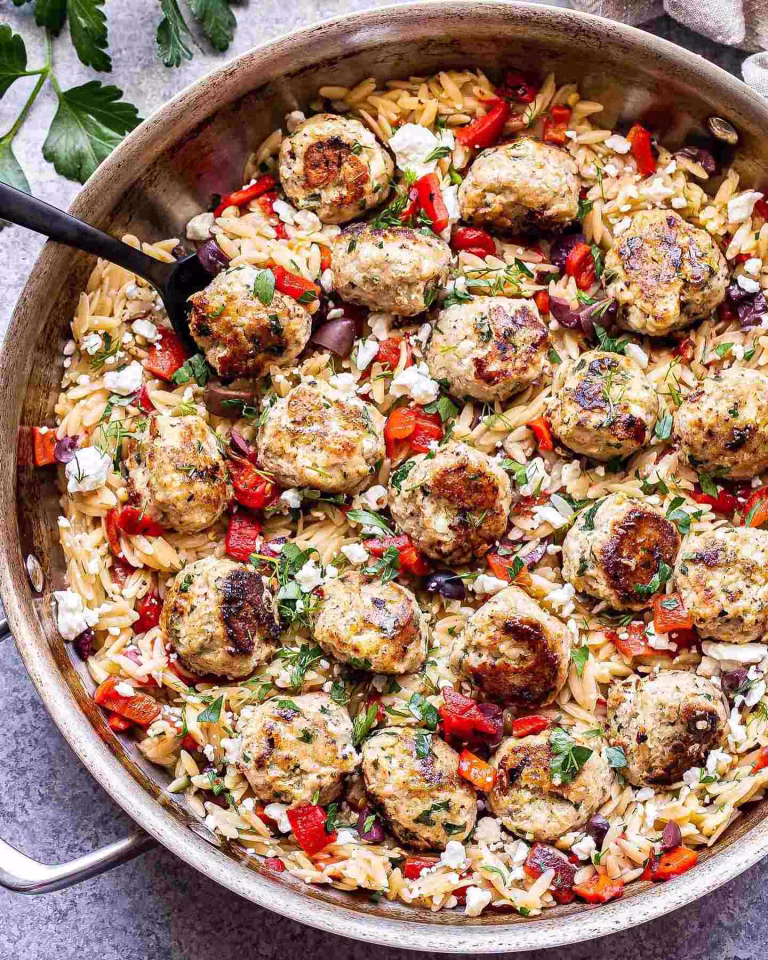 Baked Meatballs with Orzo in Roasted Pepper Sauce