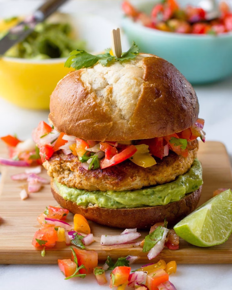 Chicken Burgers with Avocado Corn Salsa Recipe