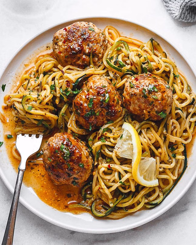 Garlic Butter Zoodles with Chicken Meatballs