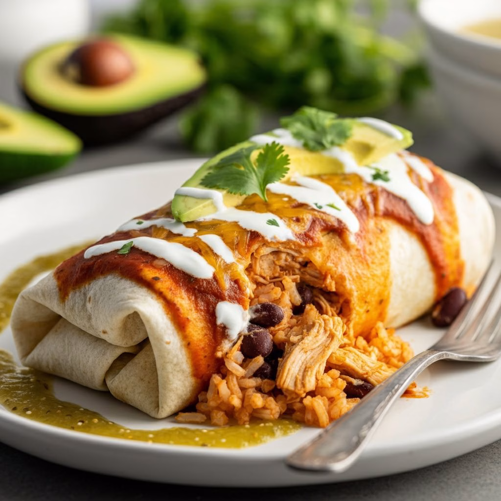 Chicken Burrito Recipe with Red and Green Sauce