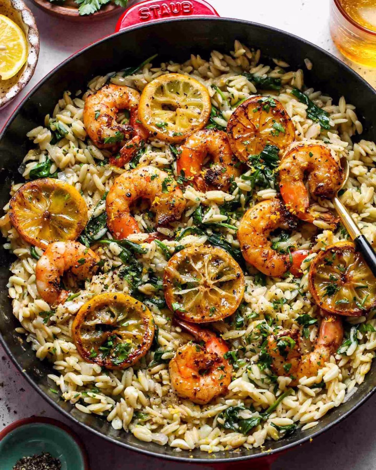 One Skillet Lemon Pepper Shrimp and Orzo Recipe