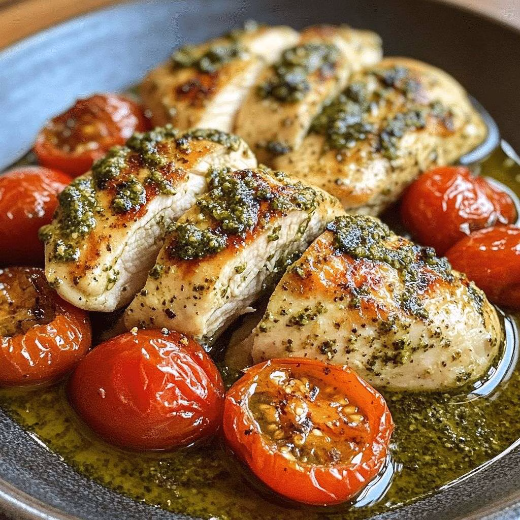Creamy Pesto Chicken with Roasted Tomatoes Recipe