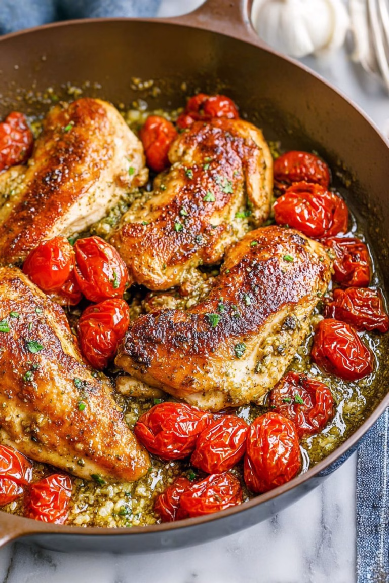Creamy Pesto Chicken with Roasted Tomatoes Recipe