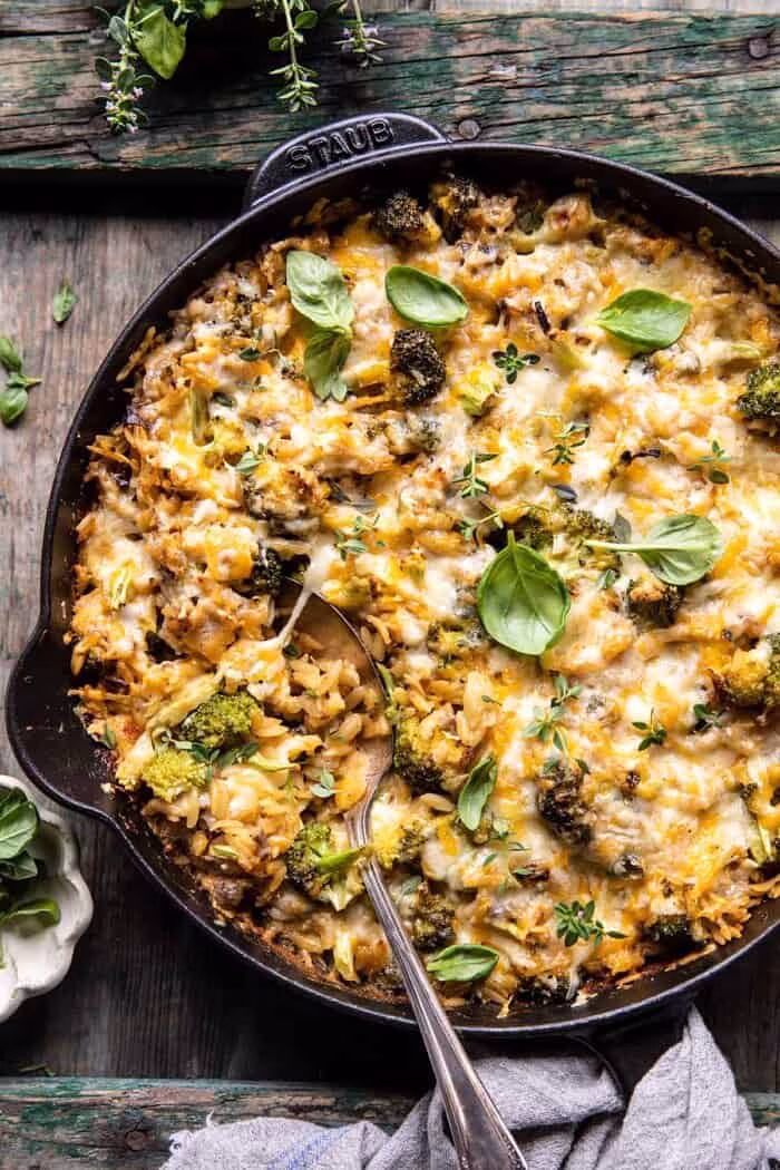 One Skillet Cheesy Broccoli Cheddar Orzo Bake Recipe