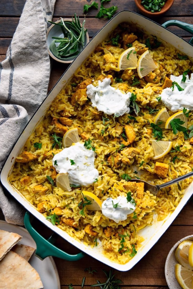 Dump and Bake Chicken Tzatziki with Rice