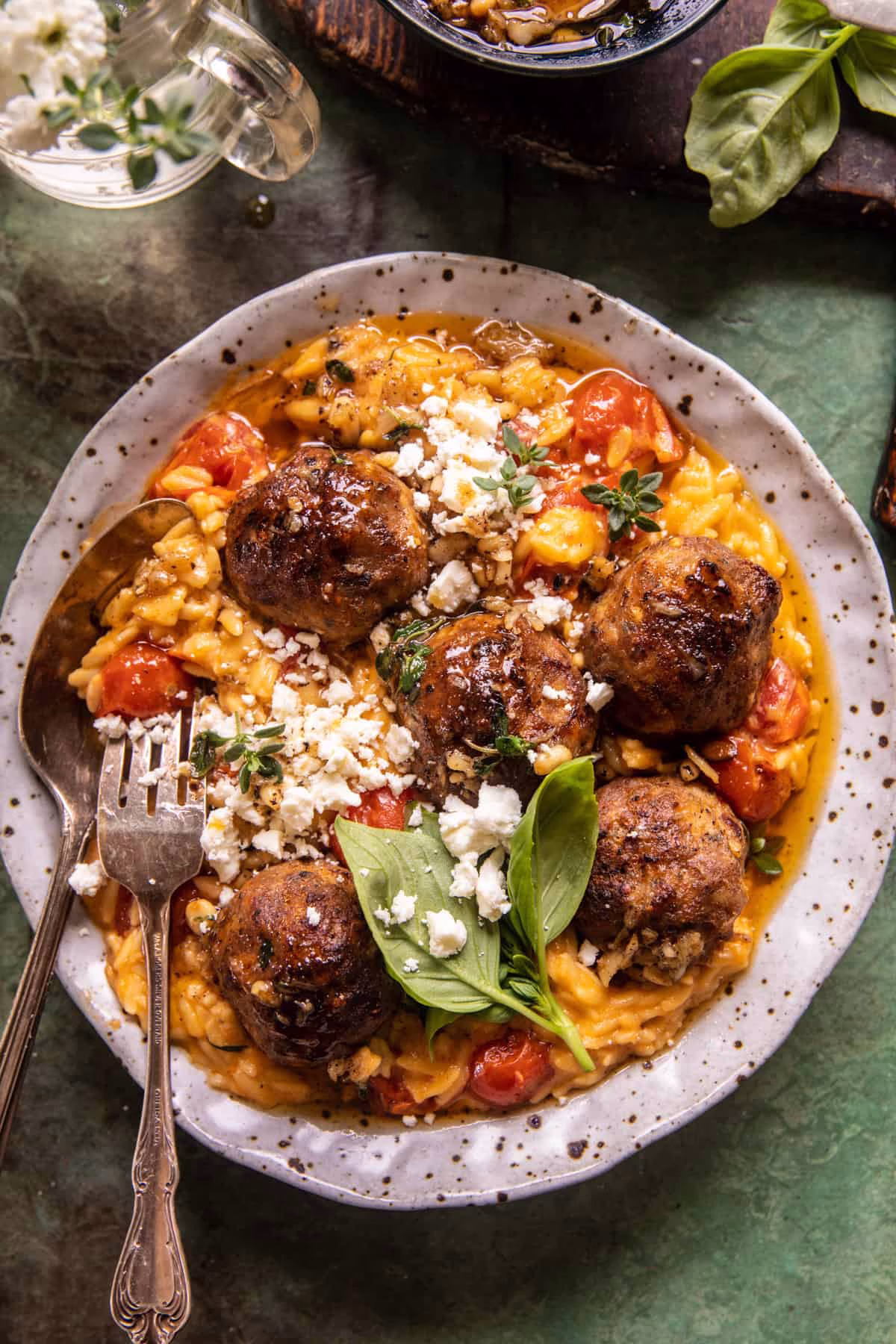 Crockpot Greek Chicken Meatballs with Creamy Tomato Orzo Recipe