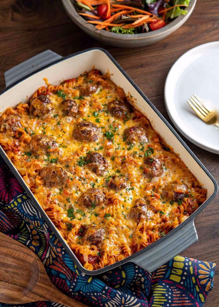 Cheesy Meatball Pasta Bake Recipe