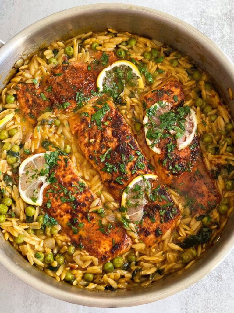 One Skillet Salmon With Lemon Orzo Recipe