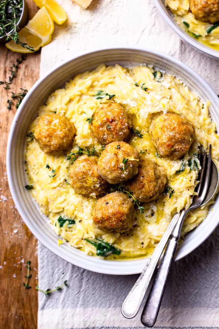 Baked Lemon Butter Chicken Meatballs with Creamy Spinach Orzo Recipe