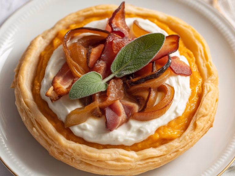Pumpkin Ricotta & Caramelized Onion Tart with Bacon and Sage Recipe