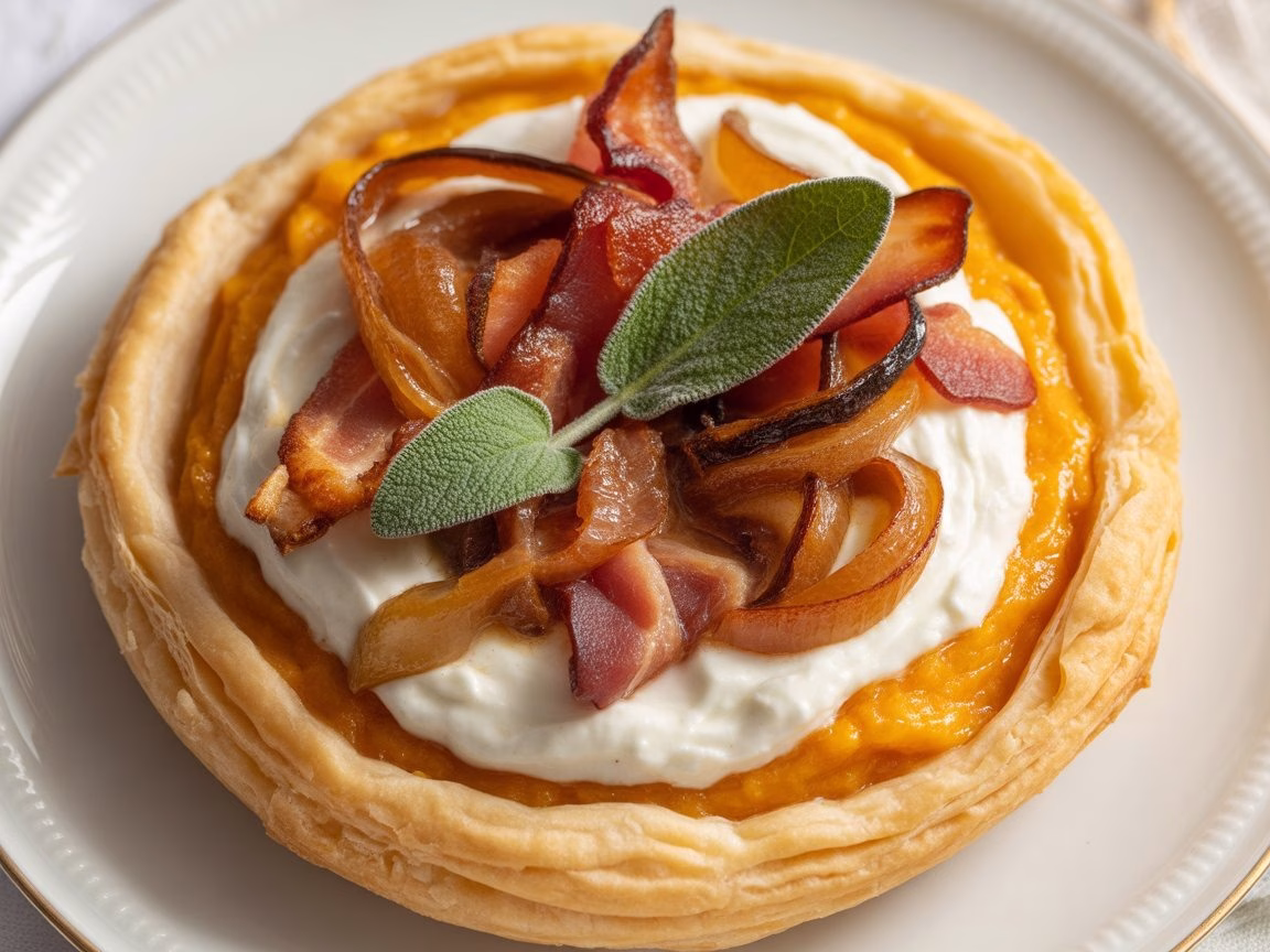 Pumpkin Ricotta & Caramelized Onion Tart with Bacon and Sage Recipe
