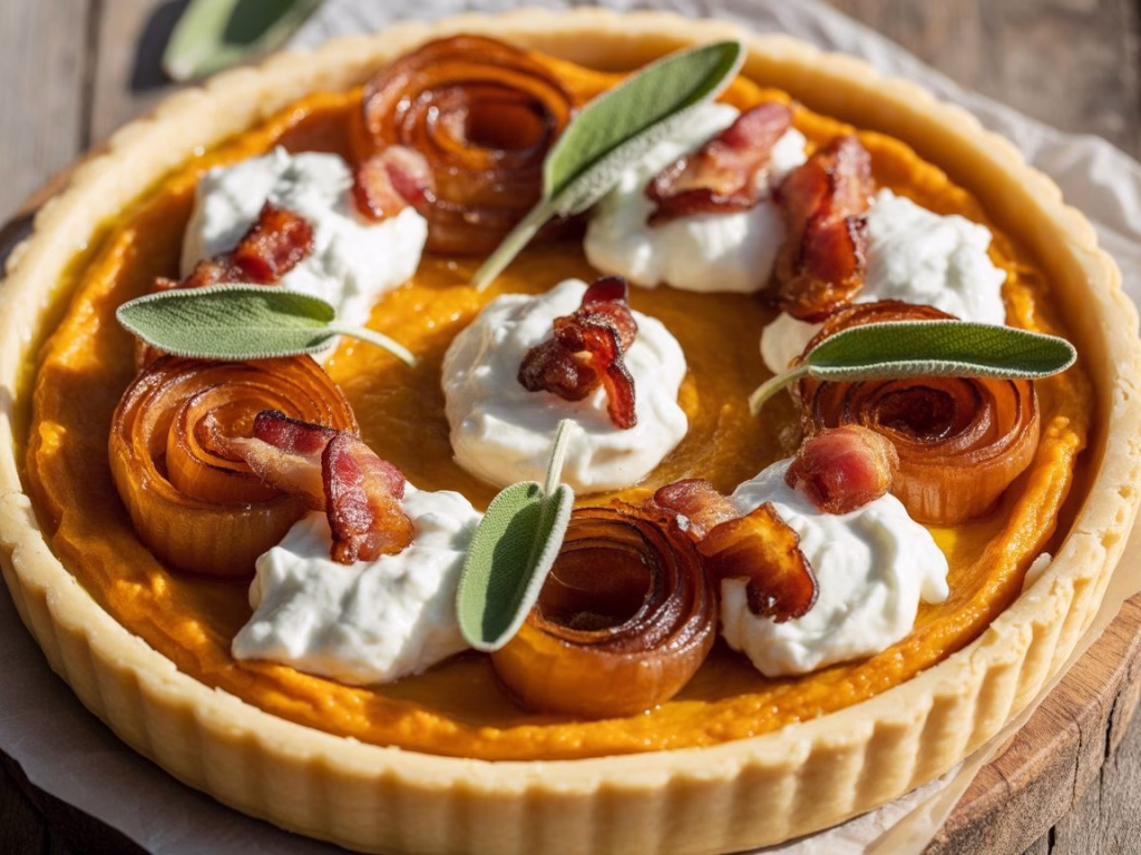 Pumpkin, Ricotta & Caramelized Onion Tart with Bacon and Sage Recipe