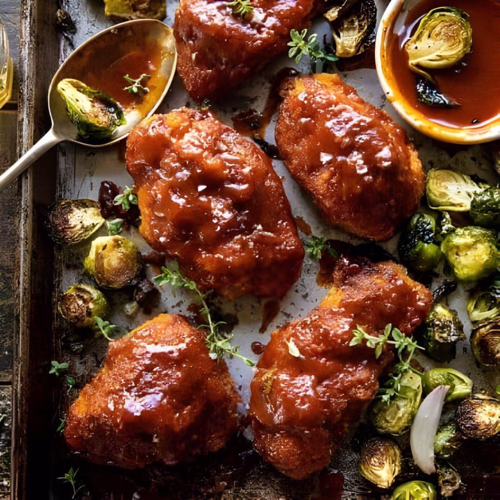 Sheet Pan Hot Honey Mustard Chicken And Crispy Brussels Sprouts Recipe