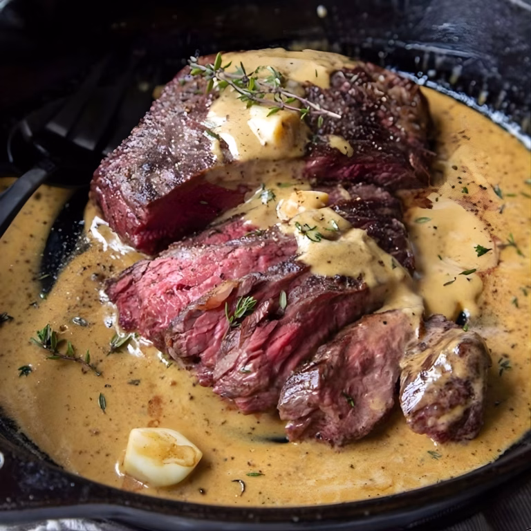 Cast Iron Bavette Steak With Whiskey Garlic Cream Sauce Recipe