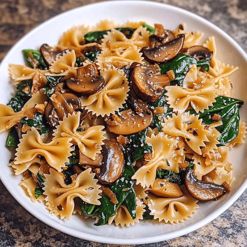 Farfalle With Spinach Mushrooms Caramelized Onions Recipe