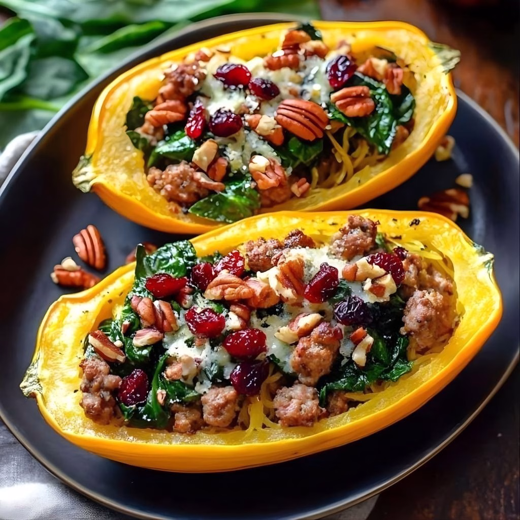 Sausage Stuffed Butternut Squash With Spinach Pecans And Cranberries Recipe