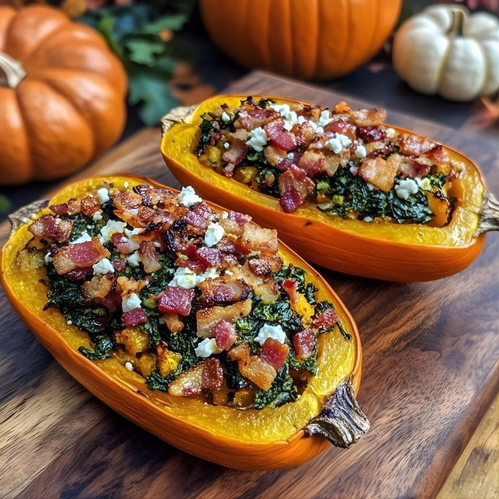 Sausage Stuffed Butternut Squash With Spinach Pecans And Cranberries Recipe