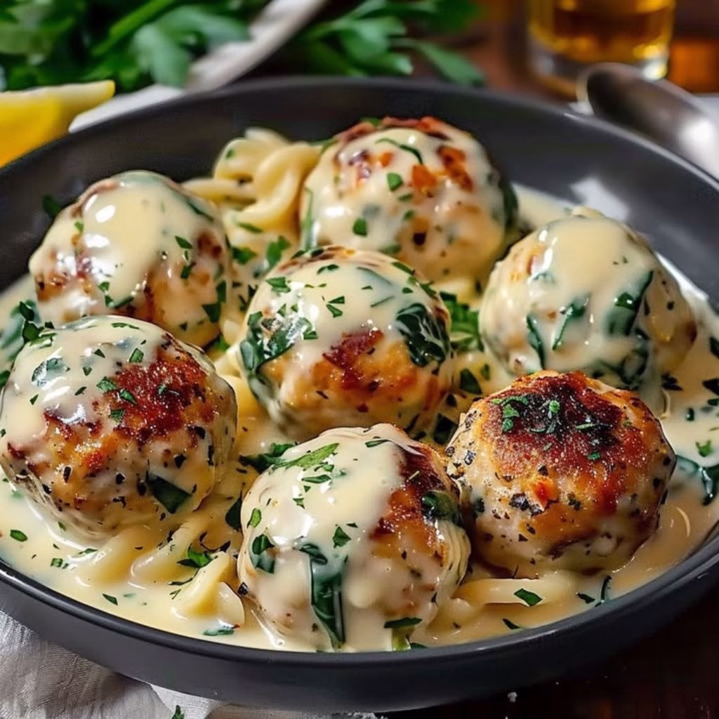 Baked Chicken Ricotta Meatballs With Spinach Alfredo Sauce Recipe