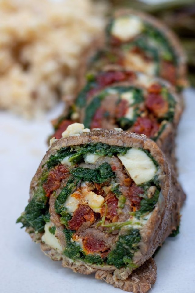 Stuffed Round Steak Rolls with Spinach and Cheese