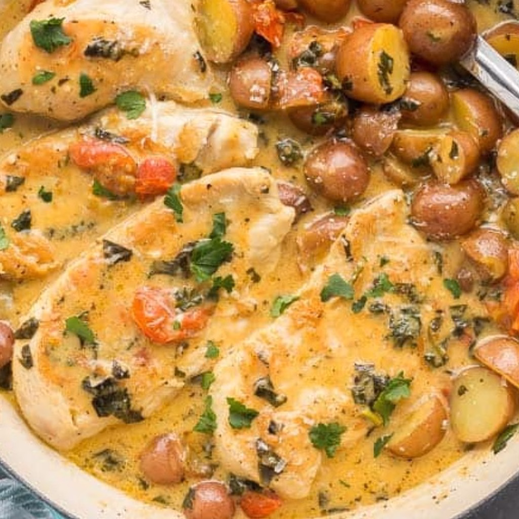 One Pan Tuscan Chicken and Potato Skillet Recipe 