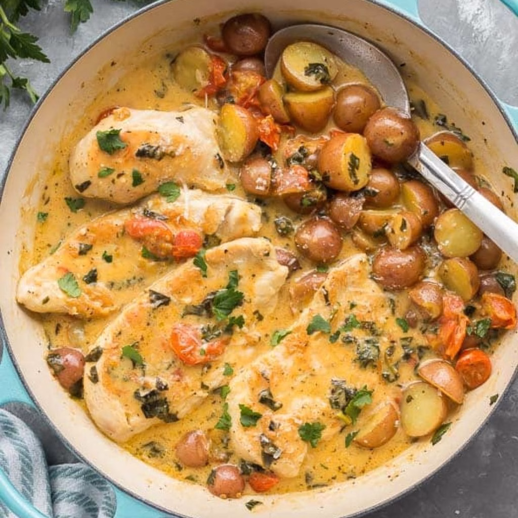 One Pan Tuscan Chicken and Potato Skillet Recipe 