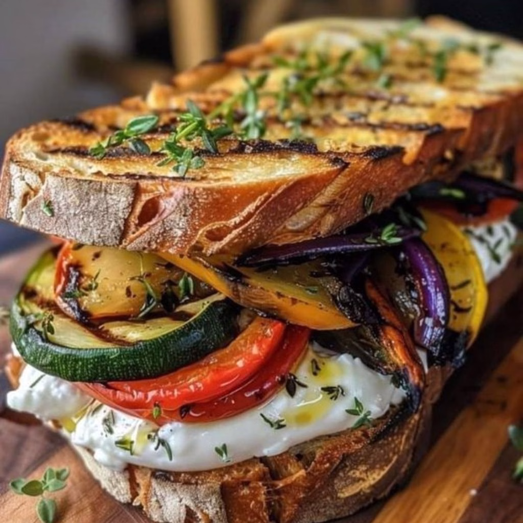 Grilled Vegetable Burrata Sandwich with Lemon Thyme Honey Mustard Recipe