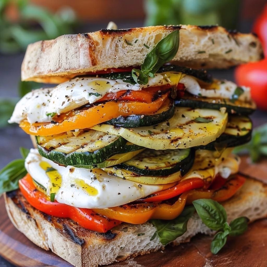 Grilled Vegetable Burrata Sandwich with Lemon Thyme Honey Mustard Recipe