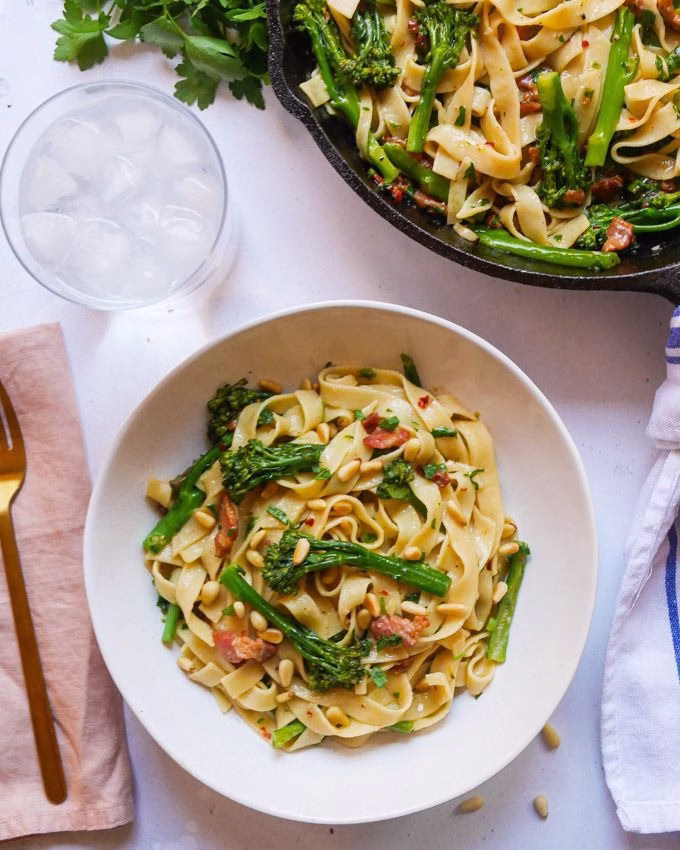 Adobo Turkey and Roasted Broccoli Tagliatelle Pasta
