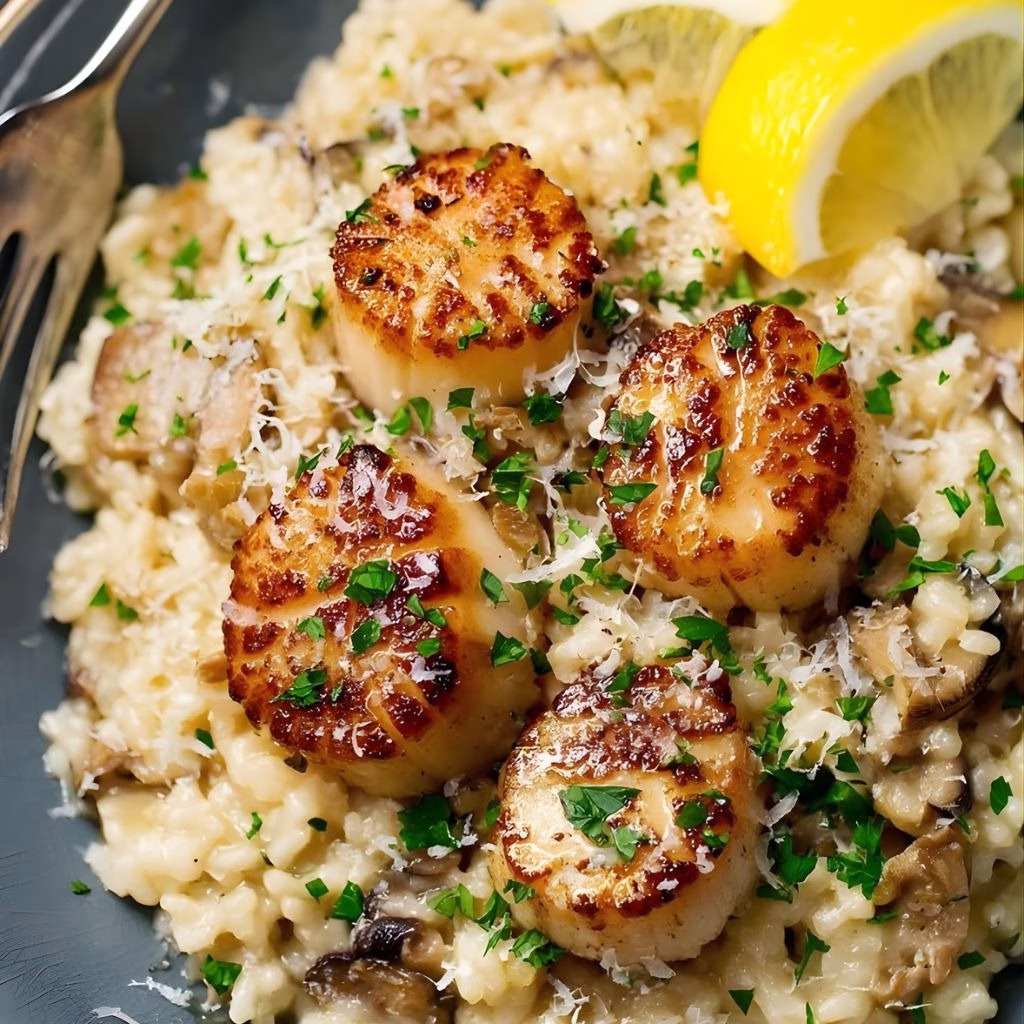 Lemon Butter Scallops over Parmesan Risotto Recipe