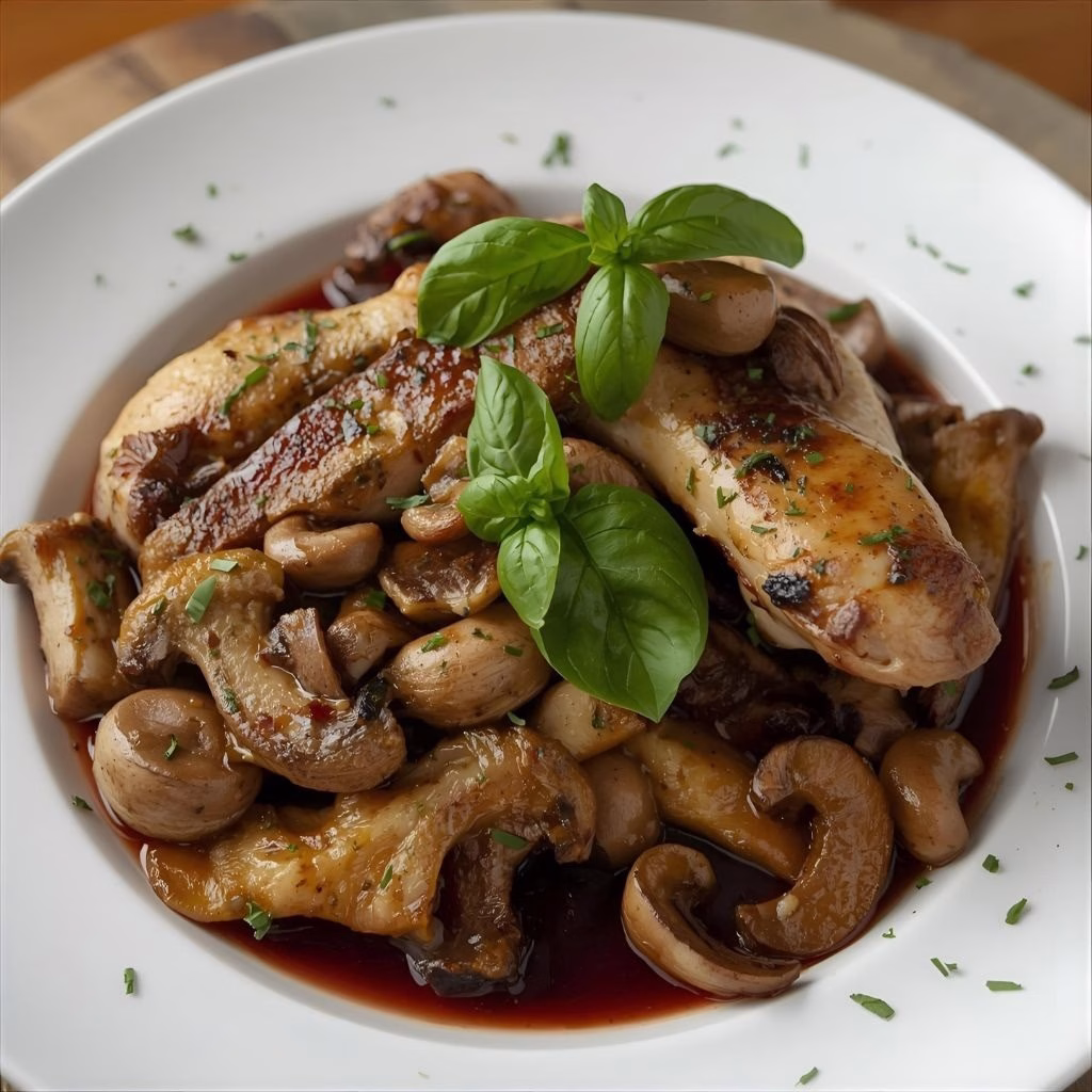 Chicken Pinot Noir with Wild Mushrooms and Fresh Basil Recipe