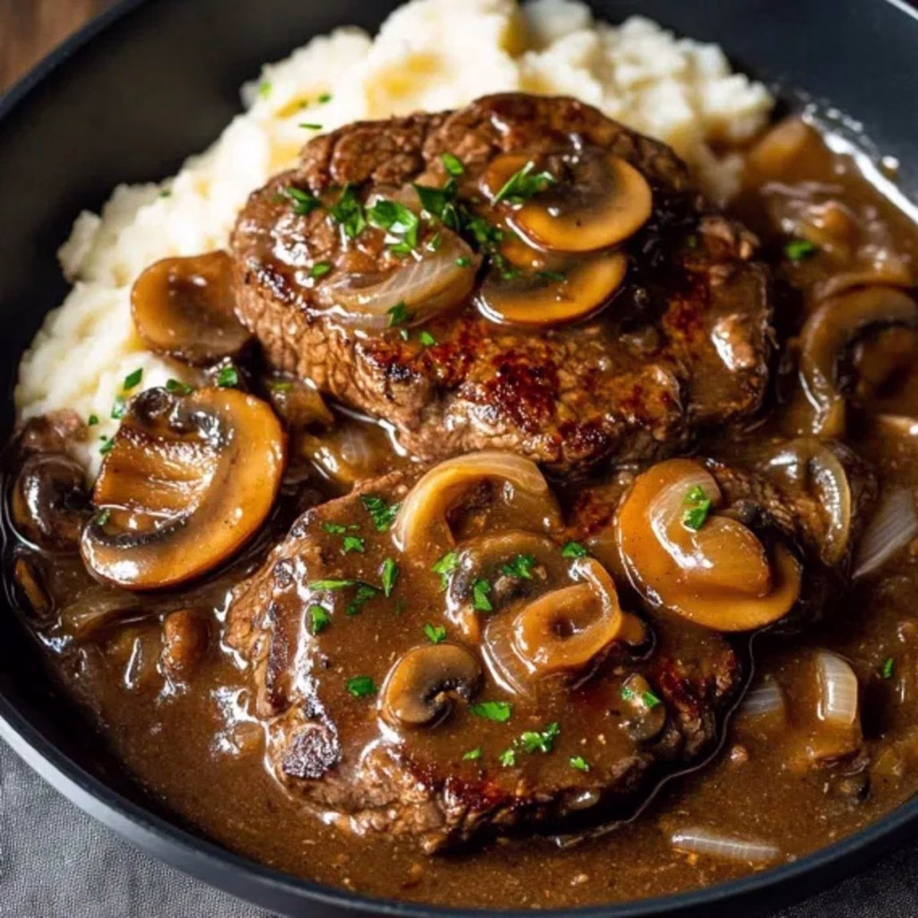  Smothered Cubed Steak with Onions and Mushrooms