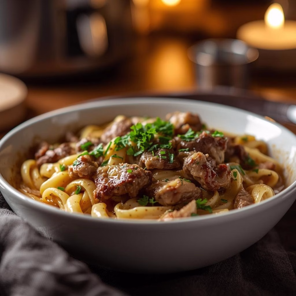 Slow Cooker Creamy Garlic Beef Pasta Recipe