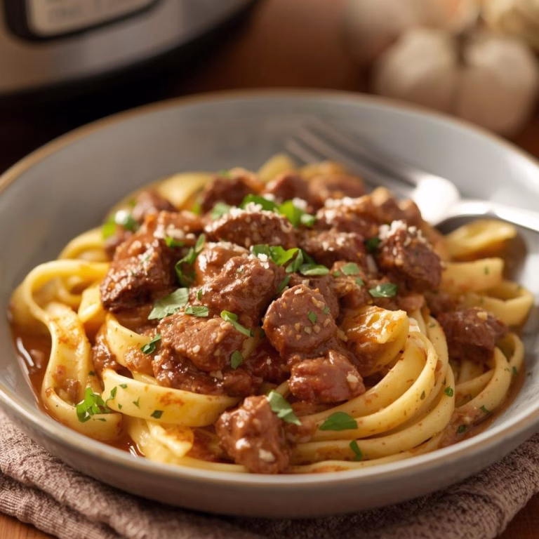 Slow Cooker Creamy Garlic Beef Pasta Recipe