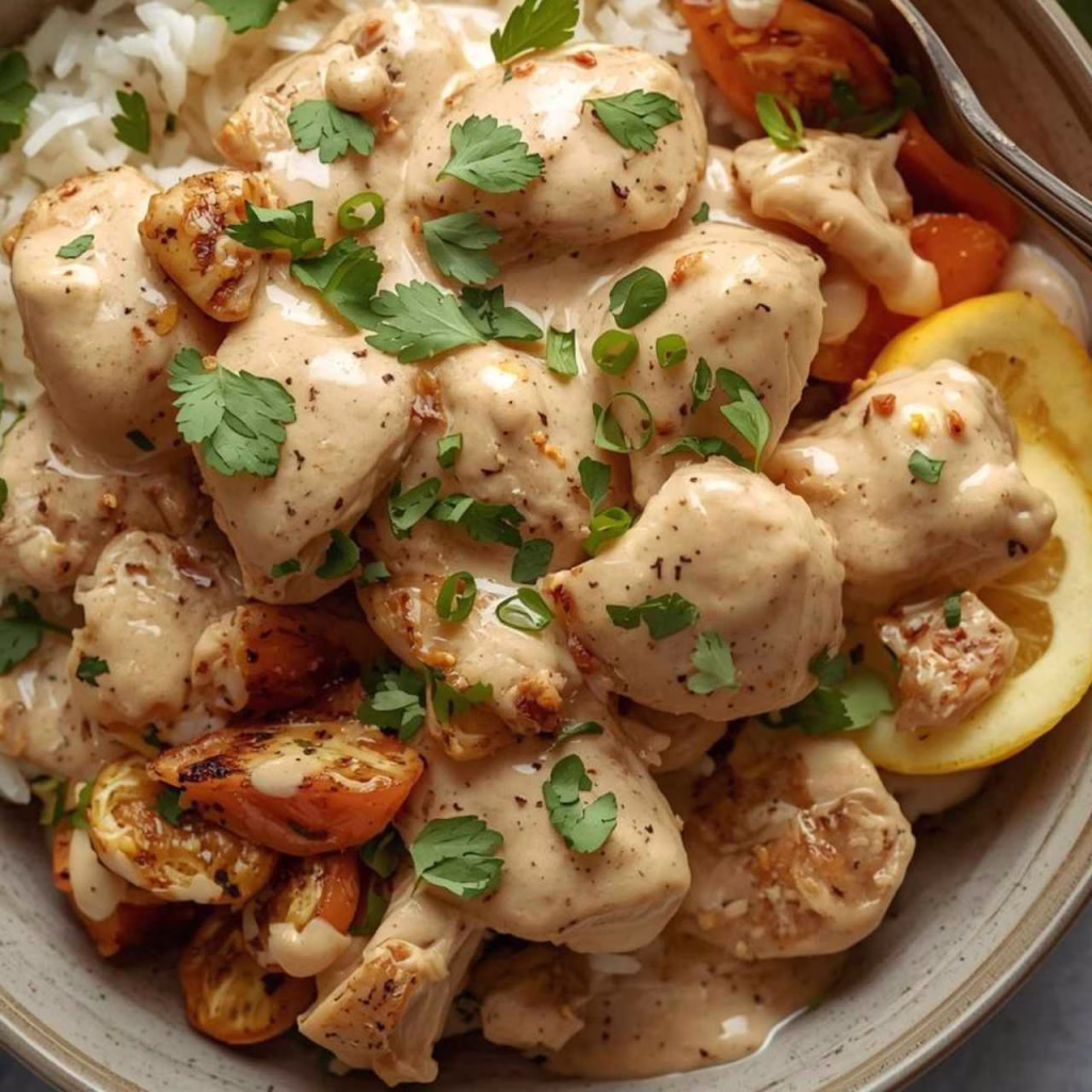 Chicken & Rice Bowls with Creamy Garlic Sauce Recipe