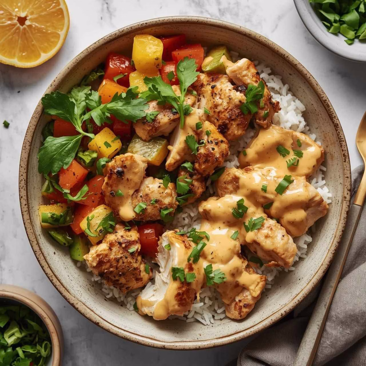 Chicken & Rice Bowls with Creamy Garlic Sauce Recipe