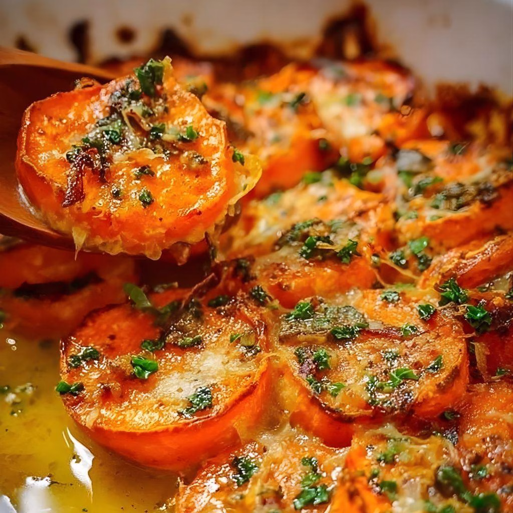Creamy Garlic Butter Sweet Potato Bake Recipe
