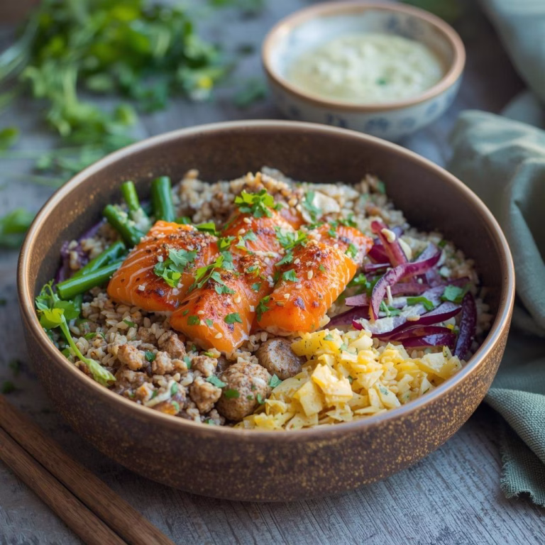 Crunchy Brown Rice Bowls with Salmon and Herbed Tahini Recipe