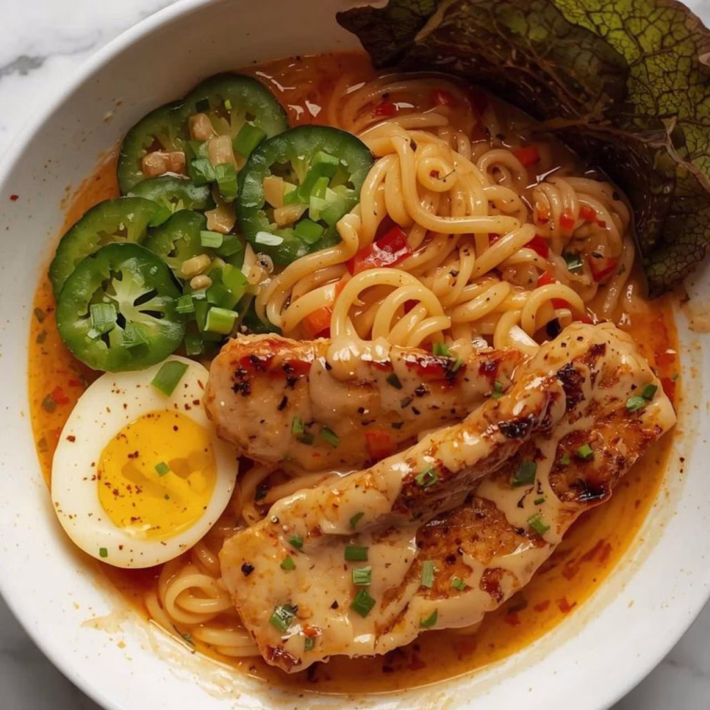 Fiery Chicken Ramen with Creamy Garlic Sauce Recipe