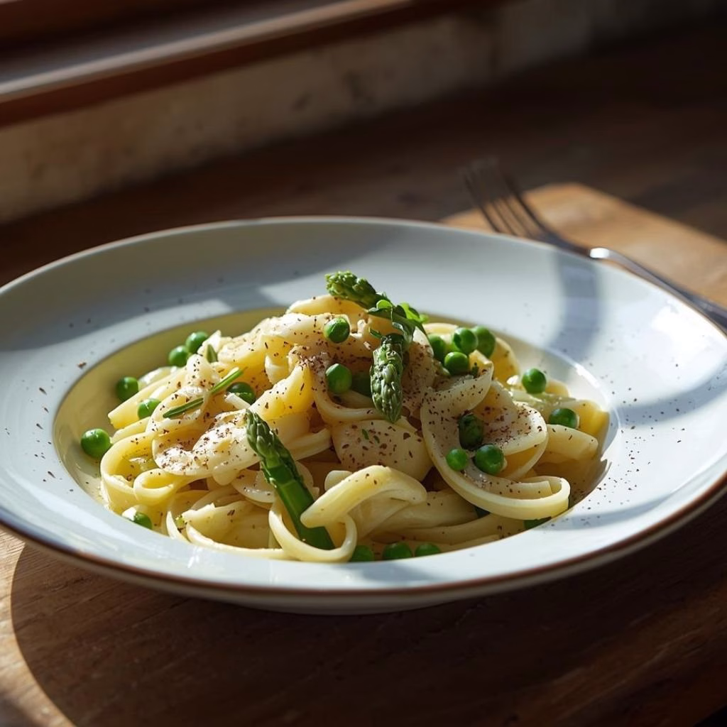 Garlic Cream Bucatini with Peas and Asparagus Recipe