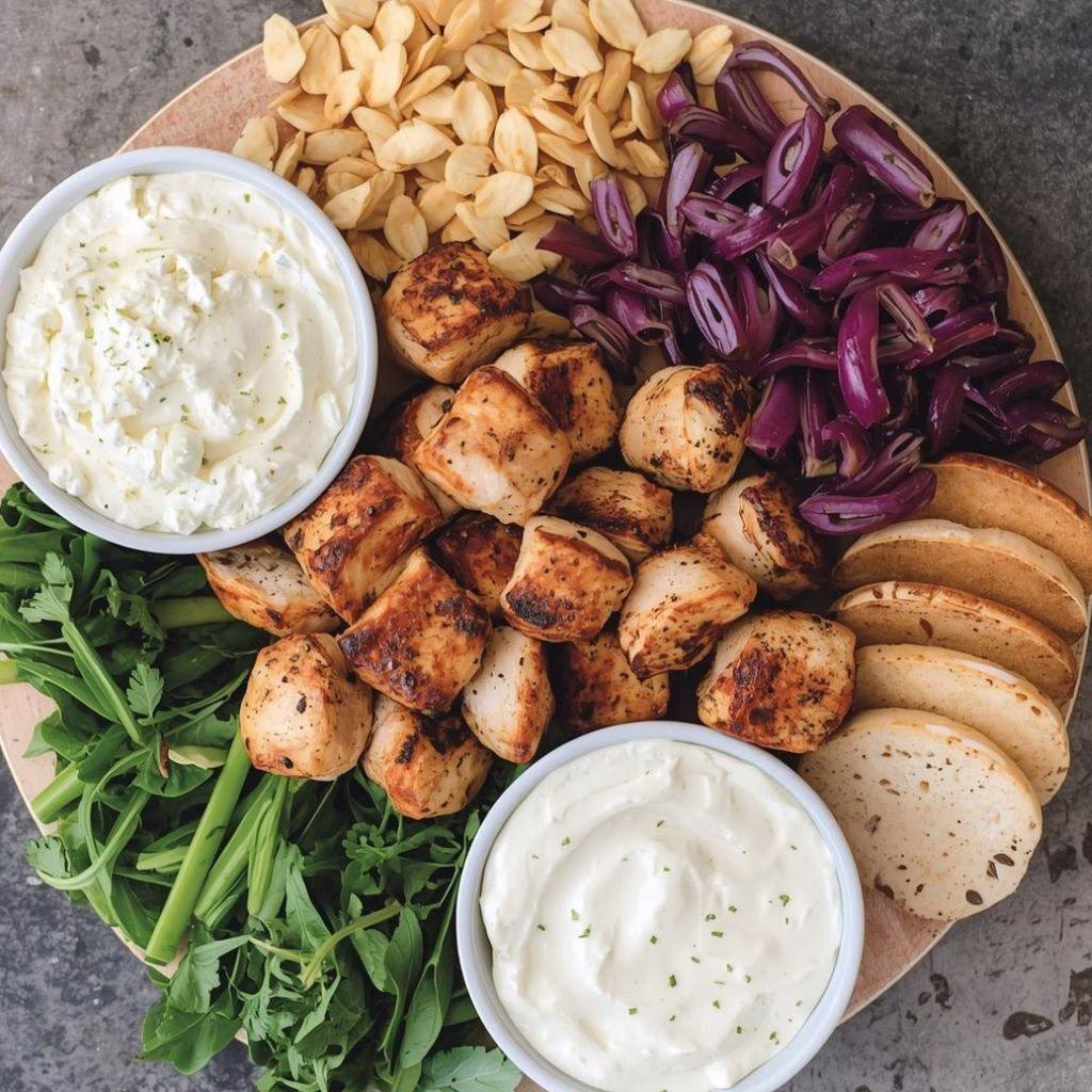 Greek Chicken Souvlaki Grazing Board with Feta Dip