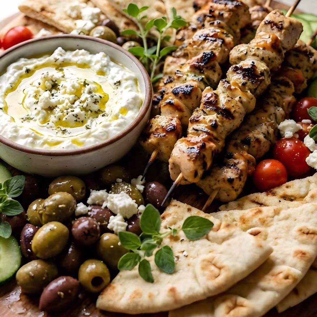 Greek Chicken Souvlaki Grazing Board with Feta Dip Recipe
