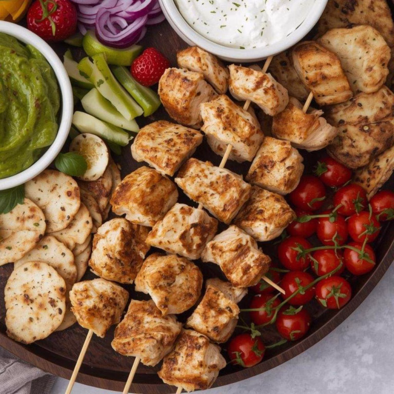 Greek Chicken Souvlaki Grazing Board with Feta Dip
