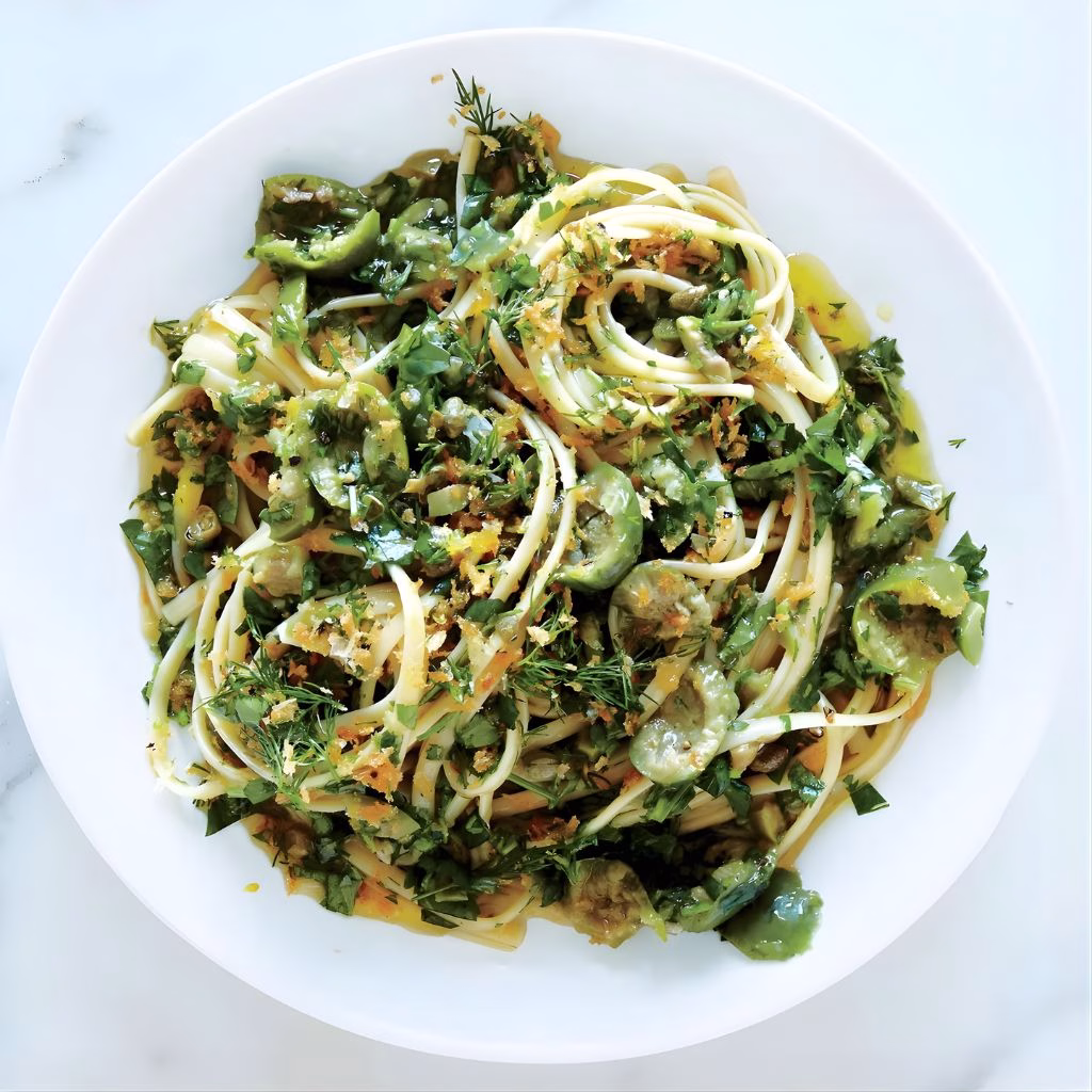 Green Olive Linguine with Broccolini & Crispy Breadcrumbs Recipe
