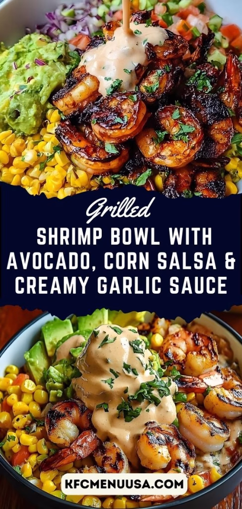 Grilled Shrimp Bowl with Avocado, Corn Salsa & Creamy Garlic Sauce Recipe