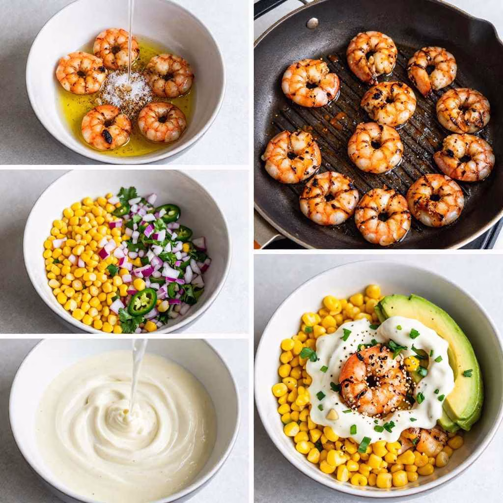 Grilled Shrimp Bowl with Avocado, Corn Salsa & Creamy Garlic Sauce Recipe